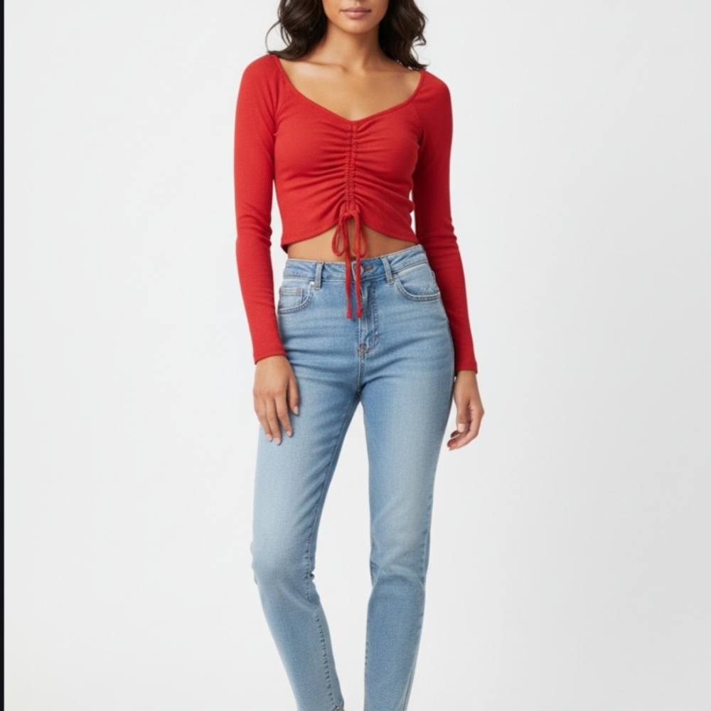 Rue21 Red Ruched Long Sleeve Crop Top Medium